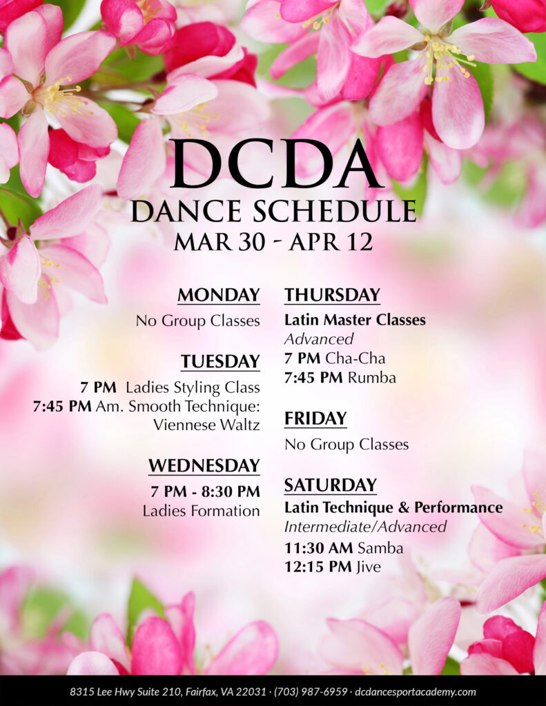 DC DanceSport Academy Schedule March 30 - April 12, 2026