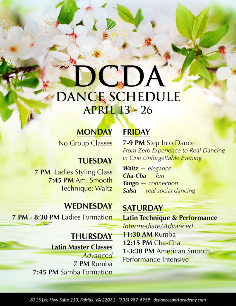 DC DanceSport Academy Dance Class Schedule & Events April 13-10, 2026