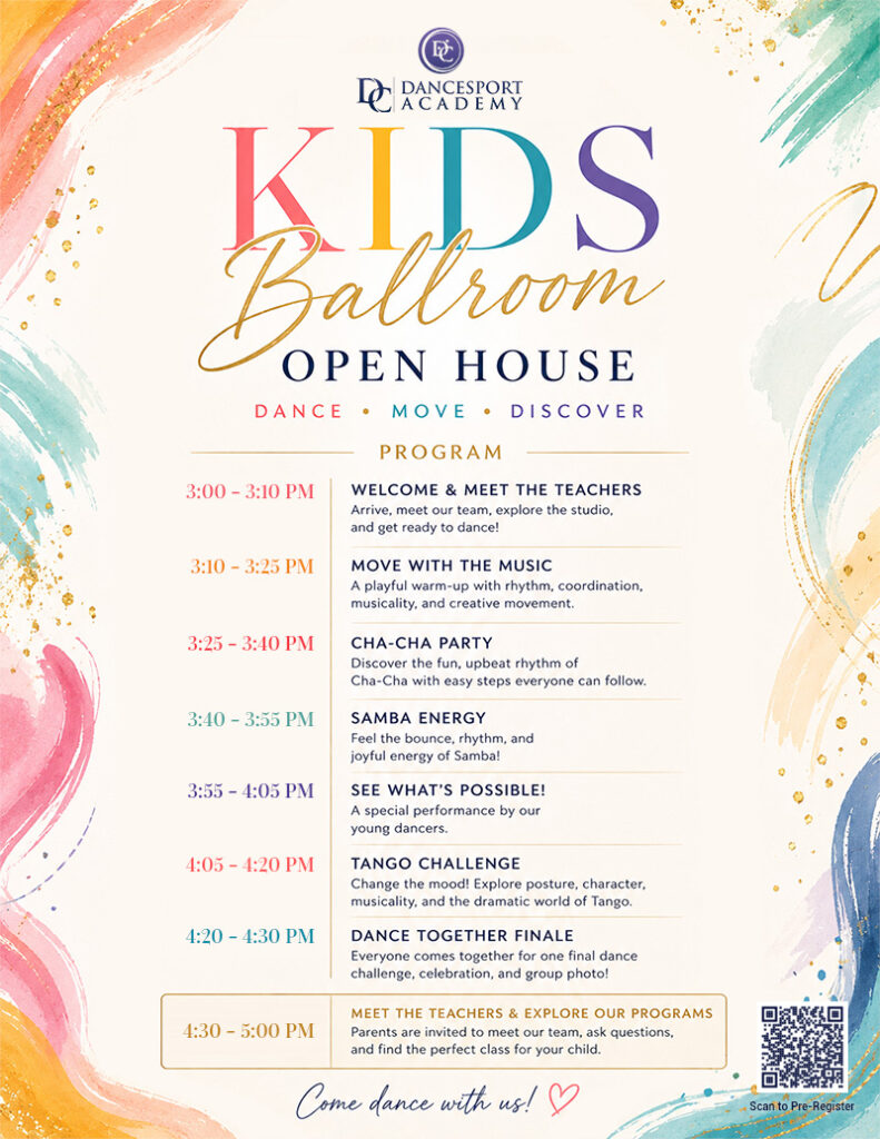 KIDS BALLROOM OPEN HOUSE Sunday, August 30, 2026 / 3-5pm DC DanceSport Academy
