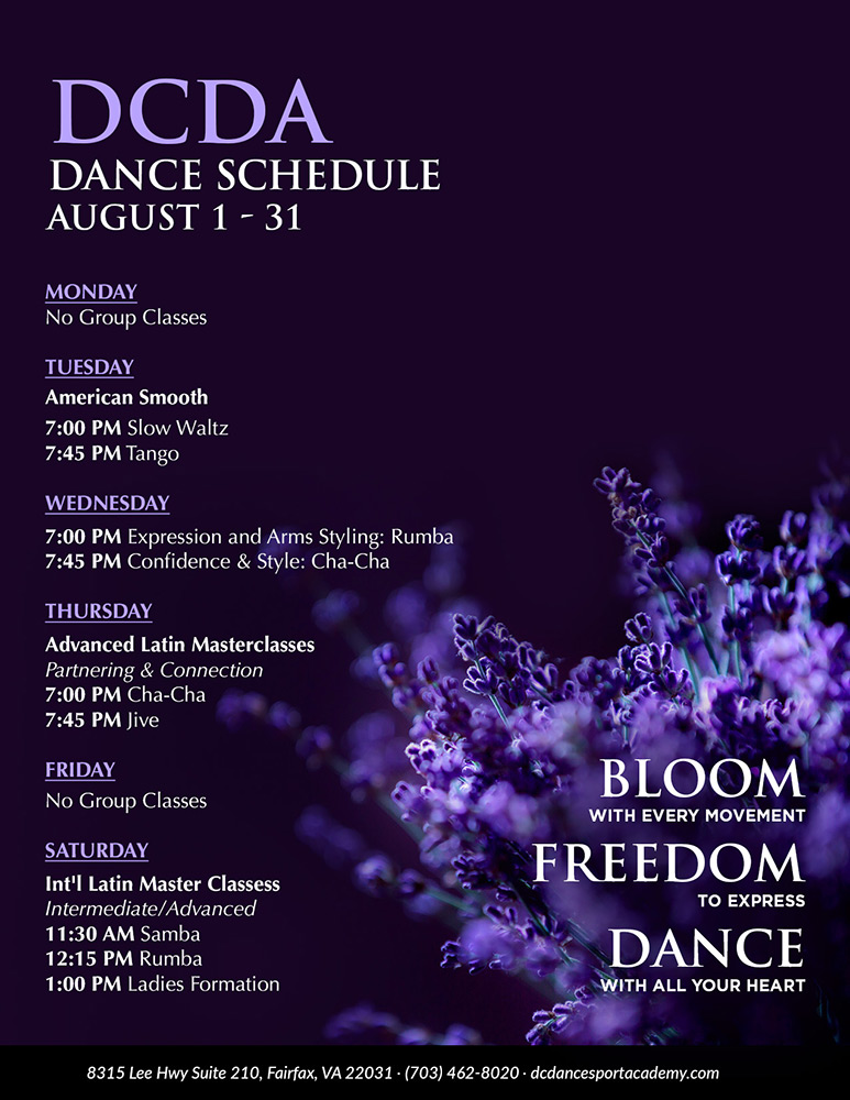 DC DanceSport Academy Dance Class Schedule & Events August 1-31, 2026